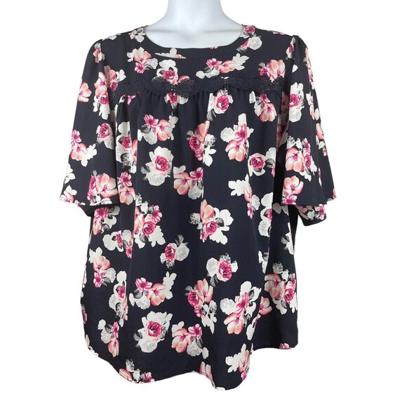 Lane Bryant size 3 X Black Floral Flowy Short Sleeve To Elbows Top - Picture 1 of 8